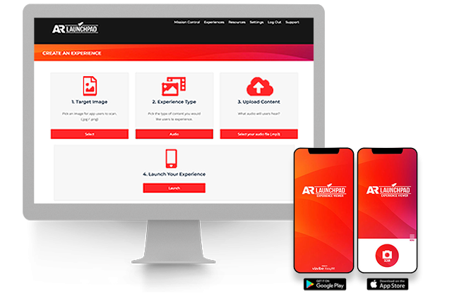AR LaunchPad platform on a desktop computer, AR LaunchPad app screens on mobile phones