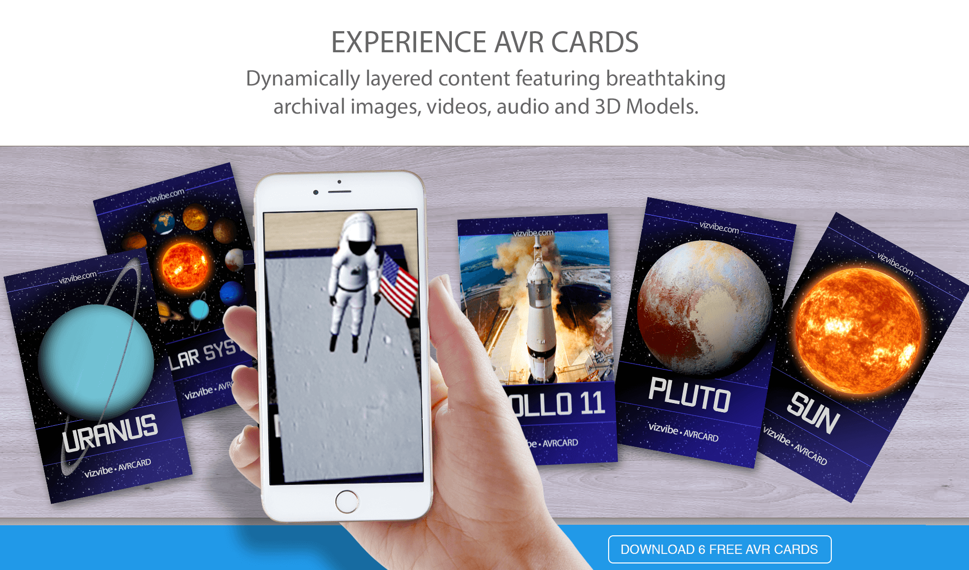 Download 6 free VizVibe AVR Cards to use with the Solar Space AR App.