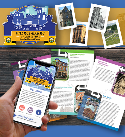 Walkitecture promotional image showcasing app and booklet